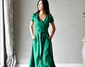 Long Linen Wrap Dress, Linen Caftan Dress, Emerald Green Linen Dress, Summer Maxi Dress VALENTINA, Plus Size Linen Clothing