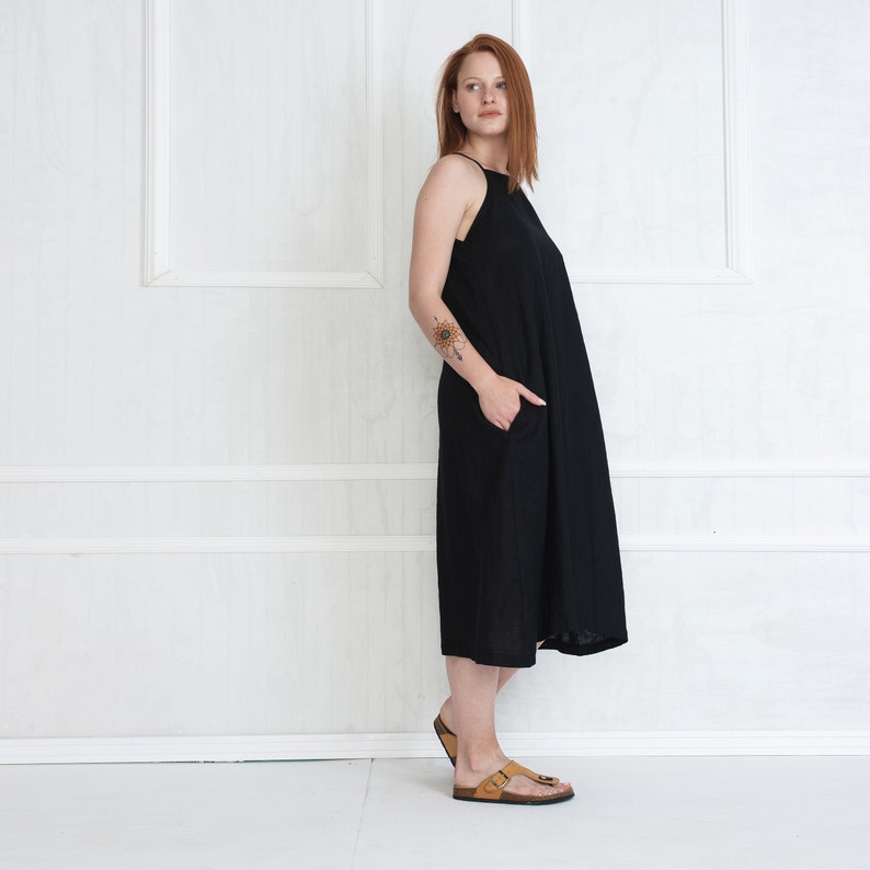 Linen Mid Calf Dress Loose Summer Dress Sleeveless Black Linen Dress