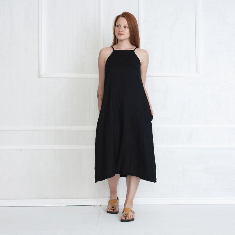 Linen Mid Calf Dress Loose Summer Dress Sleeveless Black Linen Dress