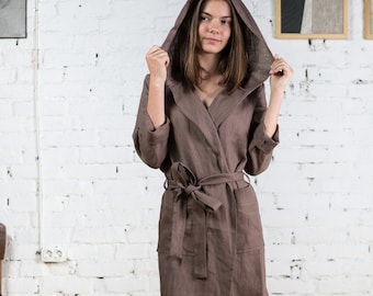 Linen bathrobe with hood / Womens linen robe with hood / Linen kimono robe short