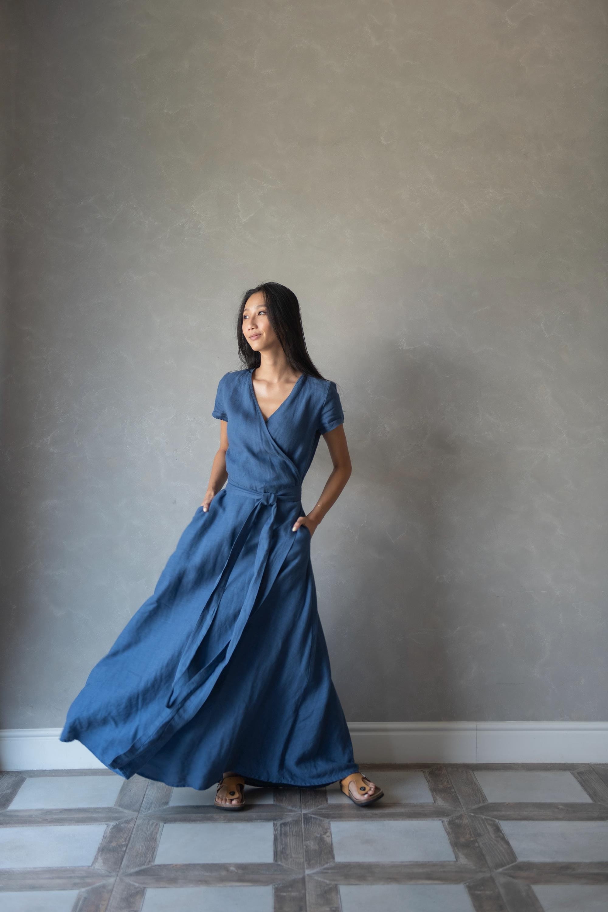 Long Blue Wrap Dress, Maxi Linen Dress, Linen Kaftan Dress, Floor Length Linen Dress, Summer Flax Dress, Wrap Around Dress  VALENTINA