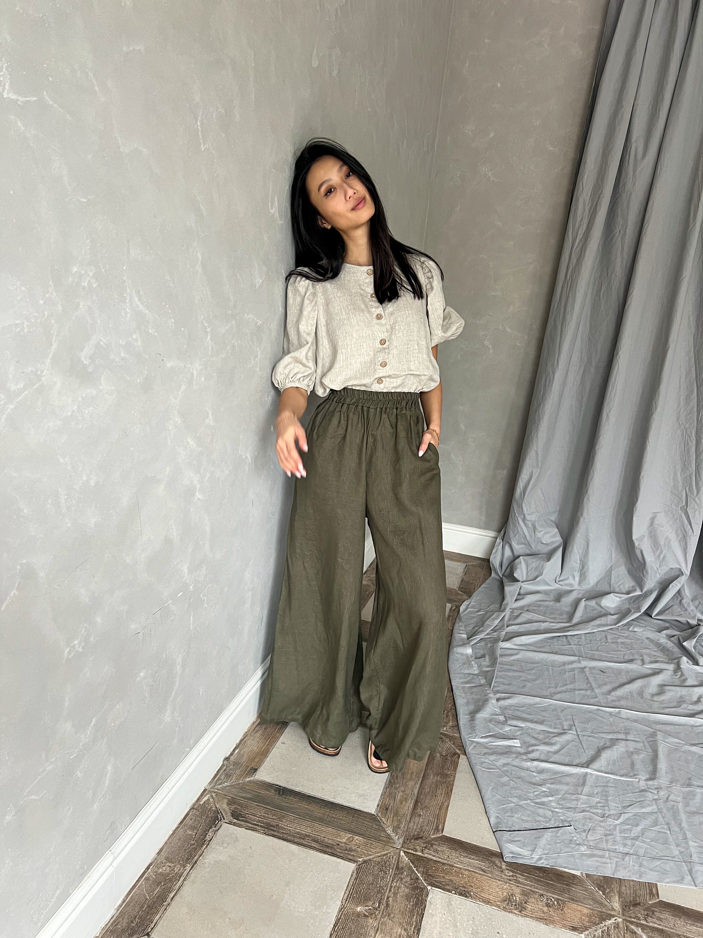 パンツ ayakawasaki linen frill pants Wide Leg Palazzo Pants, Linen Trousers Women, Linen Summer