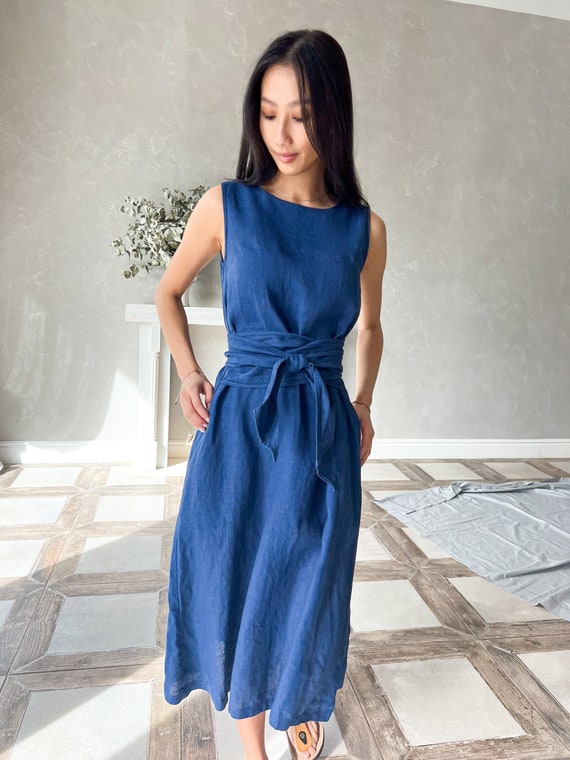 knee length dresses for ladies White Linen Maxi Dress A-Line main image 1