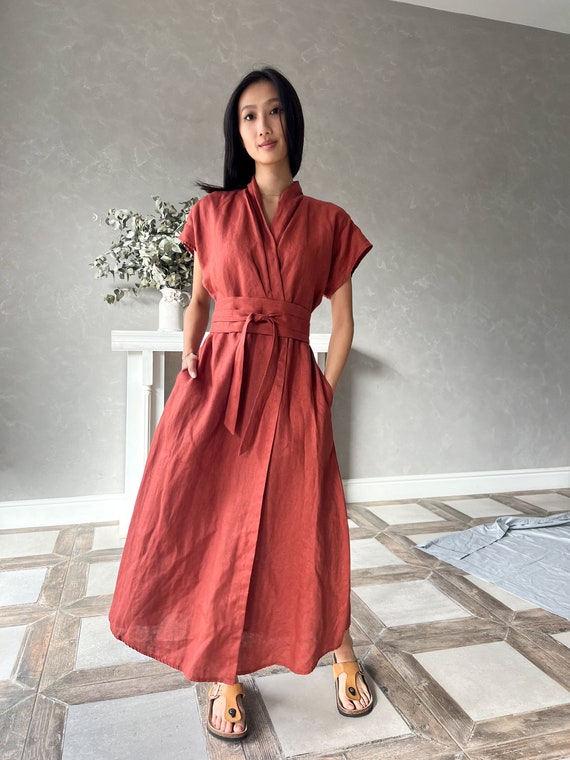 Linen Kimono Dress, Linen Wrap Dress, Linen Japanese Dress, Linen Tie Waist  Dress EILEEN, Linen Sun Dress, Linen Clothing - Etsy