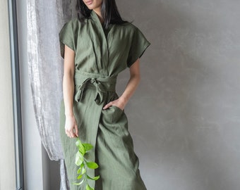 Green Linen Dress, Linen Kimono Dress, Linen Wrap Dress, Linen Maxi Dress Dahlia, Linen Clothes for Women