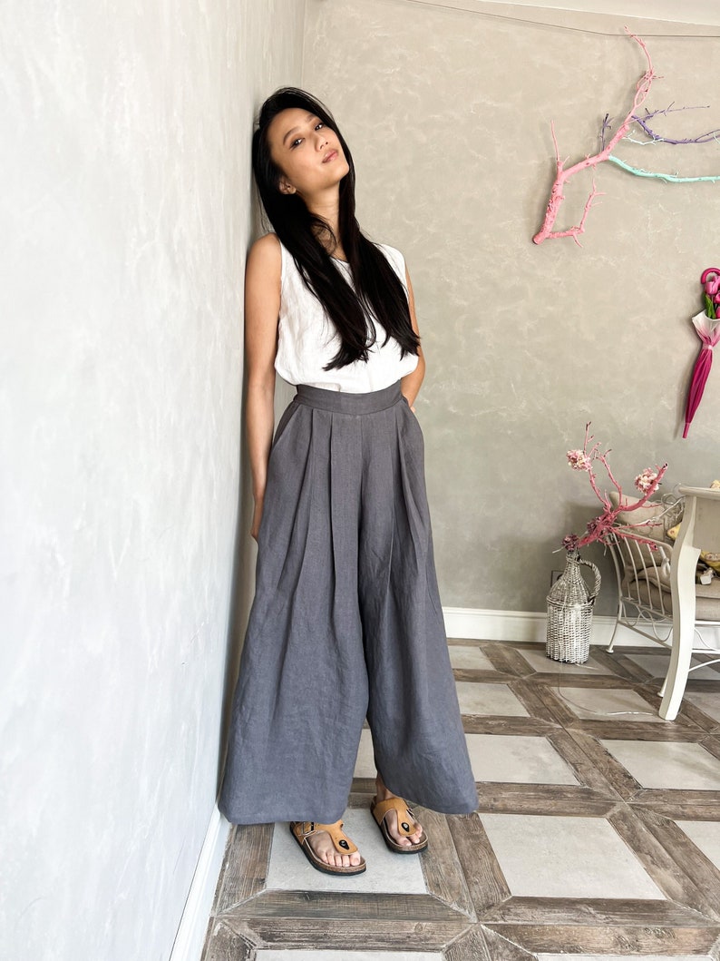 Wide Leg Palazzo Pants, Linen Trousers Women, Linen Summer Pants PORTIA, Plus Size Harem Pants, Japanese Linen Clothing image 1