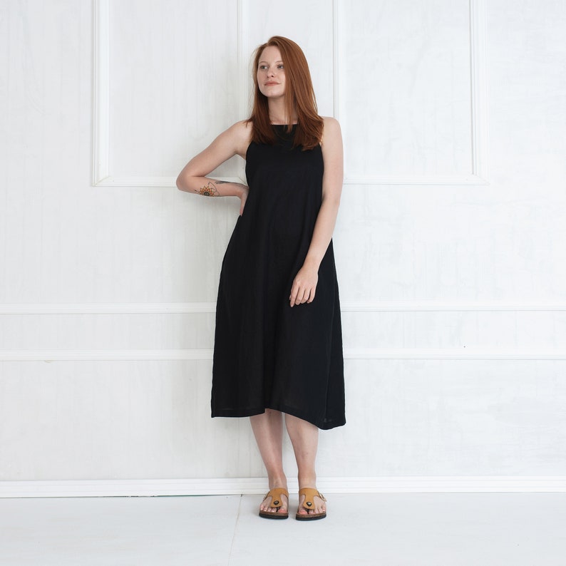 Linen Mid Calf Dress Loose Summer Dress Sleeveless Black Linen Dress