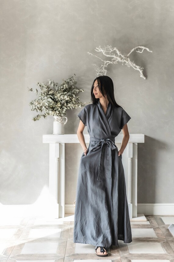 Long Linen Kaftan Dress, Wrap Kimono Linen Dress, Gray Linen Dress, Floor Length Dress, Linen Maxi Dress Harper, Linen Clothes