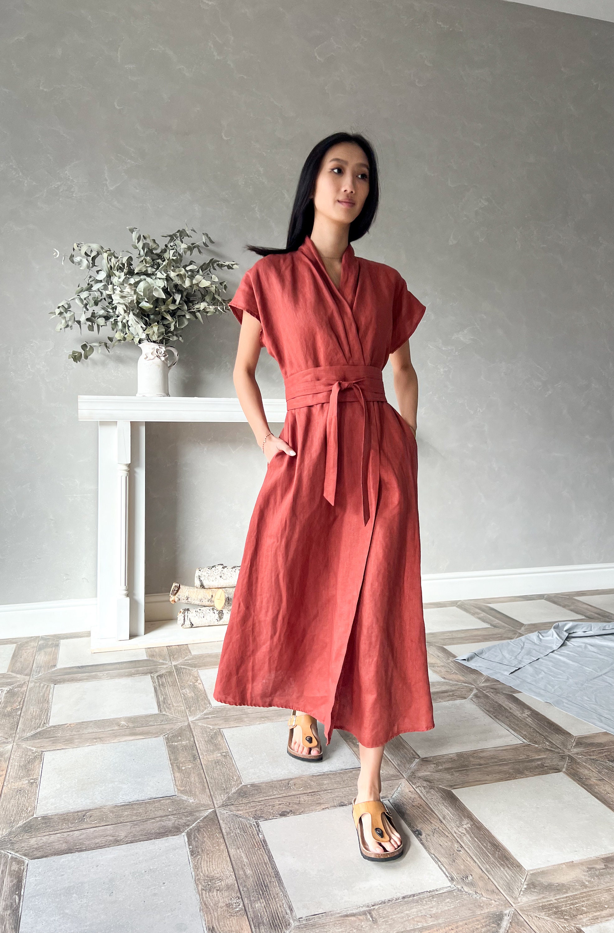 knee length dresses for ladies Organic linen wrap dress Mika – BalticLinen