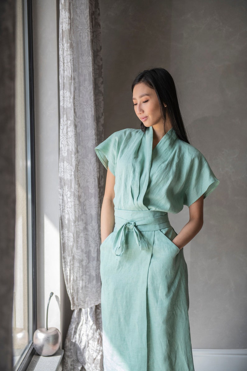 Linen Kimono Dress, Linen Wrap Dress, Linen Summer Dress DAHLIA, Linen Sun Dress, Linen Green Dress image 2