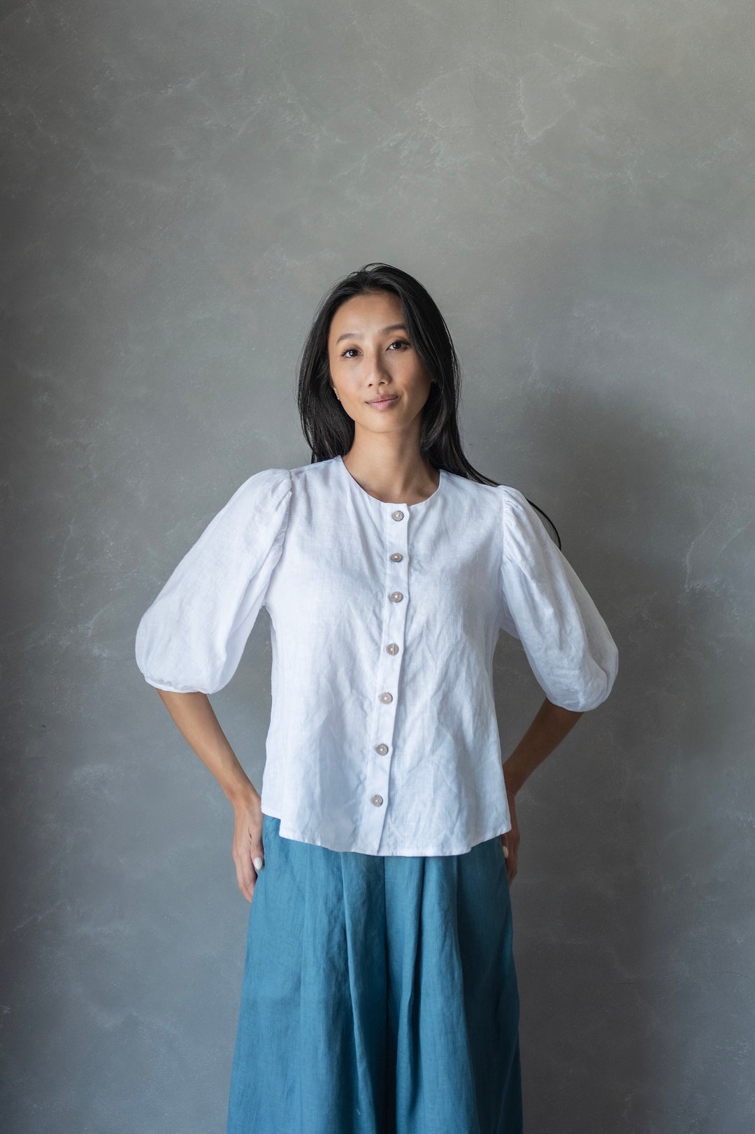 Grandmillennial Puff Sleeve Top - Blue/White main image 1