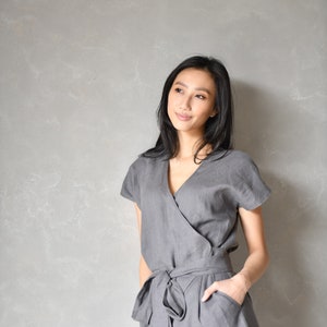 Wrap Jumpsuit Linen, Gray Romper Women, Linen Overalls, Bohemian Jumpsuit for Women AUGUST, Linen Japanese Clothing image 2