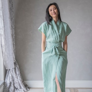 Linen Kimono Dress, Linen Wrap Dress, Linen Summer Dress DAHLIA, Linen Sun Dress, Linen Green Dress image 3