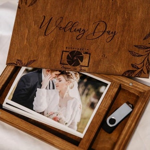 Photo keepsake photography box, Personalized USB photo storage, Photo wood print box, Wood wedding memory box, Wedding box for photos + USB