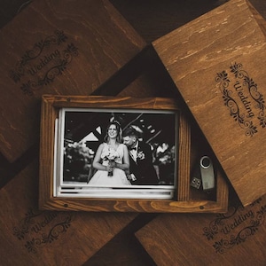 Caixa de embalagem de fotos de madeira para cartões, caixa de casamento para fotos, caixa de memória de lembrança, caixa de fotos de memória de madeira, presente personalizado de madeira, suporte USB