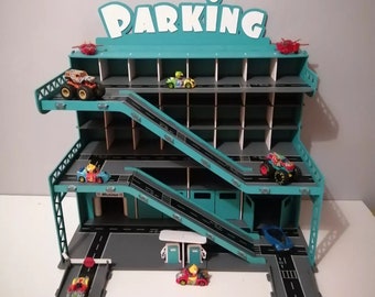 Wooden Toy Car Garage with Ramps, Doors, Gas Station