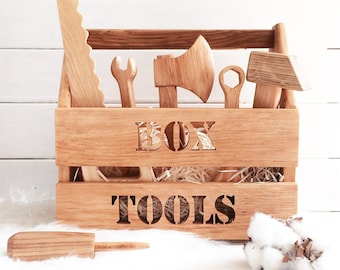 Wooden Kids Tool Set 6pcs, Realistic Kid Tool Set with Toy Box, Wood TooL Box,  Gift For Kids Imagination, Childrens Wood Tools, Rustic Toys