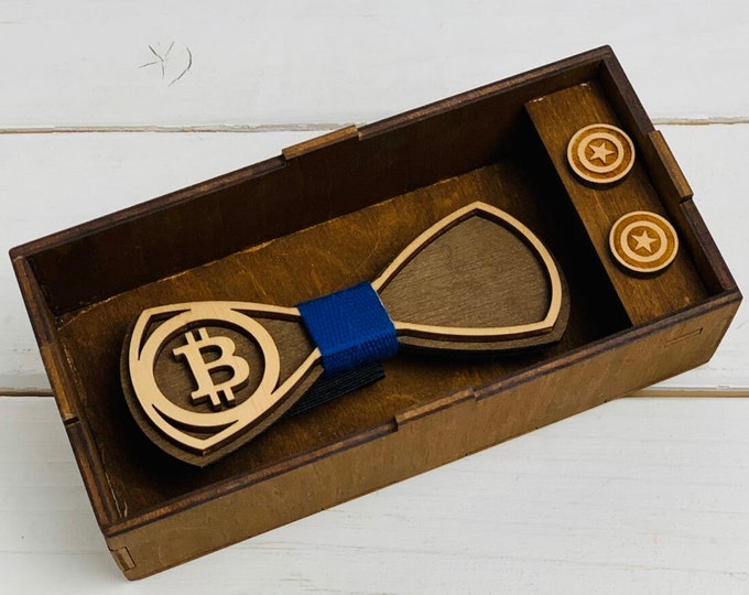 Wooden Bow Tie Bitcoin+ Сufflinks + Gift Box/ Unique Design / Gift For Men / Wedding Bowtie / Wooden Bowtie / Mens Bow Tie Premium Quality