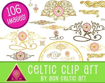 CELTIC Clipart Theme Pack - Vines & Roses - Rose + Gold | INVITATIONS - Wedding - Love - Stationary - Hearts - Knot - Irish - Clip Art