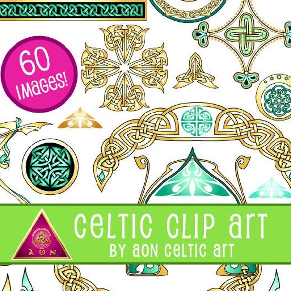 CELTIC Clipart Theme Pack - Crests & Emblems - Aqua + Gold | INVITATIONS - Wedding - Love - Stationary - Medieval - Knot - Irish - Clip Art