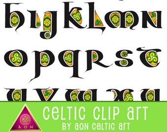 CELTIC Clipart ALPHABET - Durrow Decorated Letters - Irish Greens & Orange | INVITATIONS - Wedding - Stationary - Knot - Irish - Clip Art