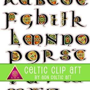 CELTIC Clipart ALPHABET Aon Decorated Letters Reds/Greens/Golds INVITATIONS Wedding Stationary Knot Irish Clip Art-Lettering image 1