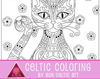 CELTIC COLORING Page - Fancy Cat | Irish - Colouring - Dragons - Kitten - Animals - Knots - Spirals - Fantasy - Download - Adult Coloring