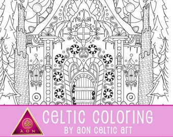 CELTIC COLORING Page - Gingerbread Castle | Irish - Colouring - House - Christmas - Knots - Spirals - Fantasy - Download - Adult Coloring