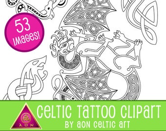 CELTIC TATTOO Clipart - Dragons, Animals & Vines | Flash - Coloring - Knots - Fantasy - Irish - Clip Art - Download
