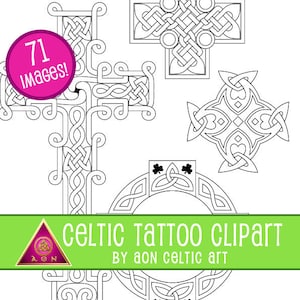 May include: Black and white Celtic knot designs, including crosses, a circle, and a square. The designs are intricate and detailed, and would be perfect for tattoos or other decorative purposes. The text "Celtic Tattoo Clipart" and "By Aon Celtic Art" is included in the image.