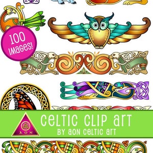 May include: Celtic clip art featuring a variety of designs, including animals, borders, and patterns. The designs are in a traditional Celtic style, with intricate details and vibrant colors. The text "100 Images!" is displayed in a pink circle.