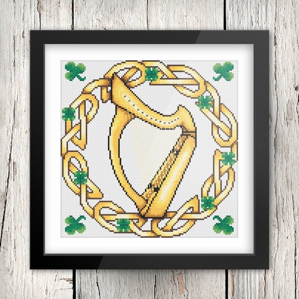 Modèle de point de croix celtique - harpe irlandaise | Irlandais - Tableau - Broderie - Noeuds - Xstitch - Vacances - Clip Art - Téléchargement PDF - Musique - Irlande