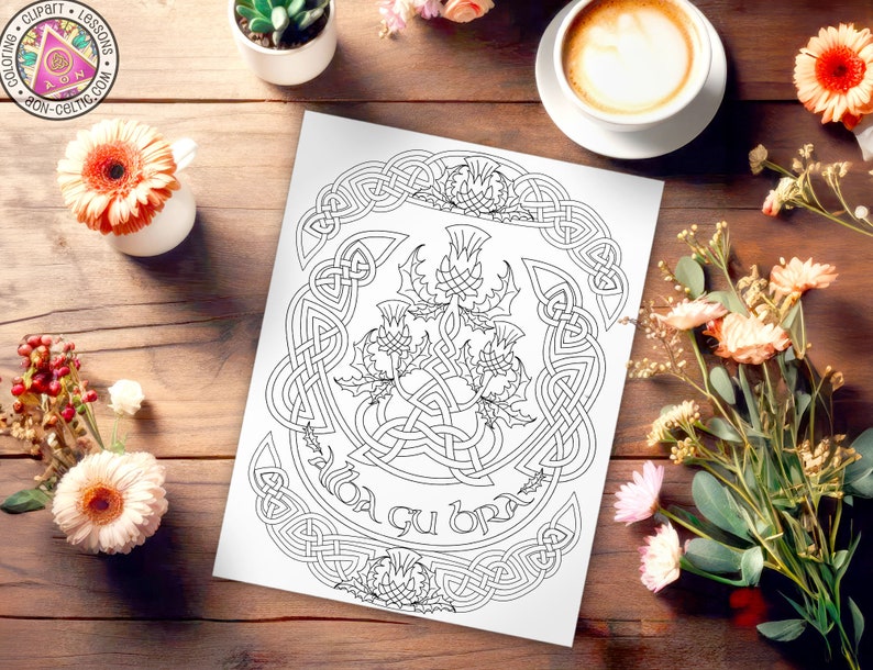 a coloring page with flowers and a cup of coffee