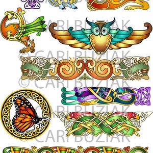 May include: A collection of colorful Celtic knotwork designs featuring animals, birds, and abstract patterns. The designs are intricate and detailed, with a variety of colors and textures. The designs are perfect for use in crafts, scrapbooking, or as inspiration for artwork.