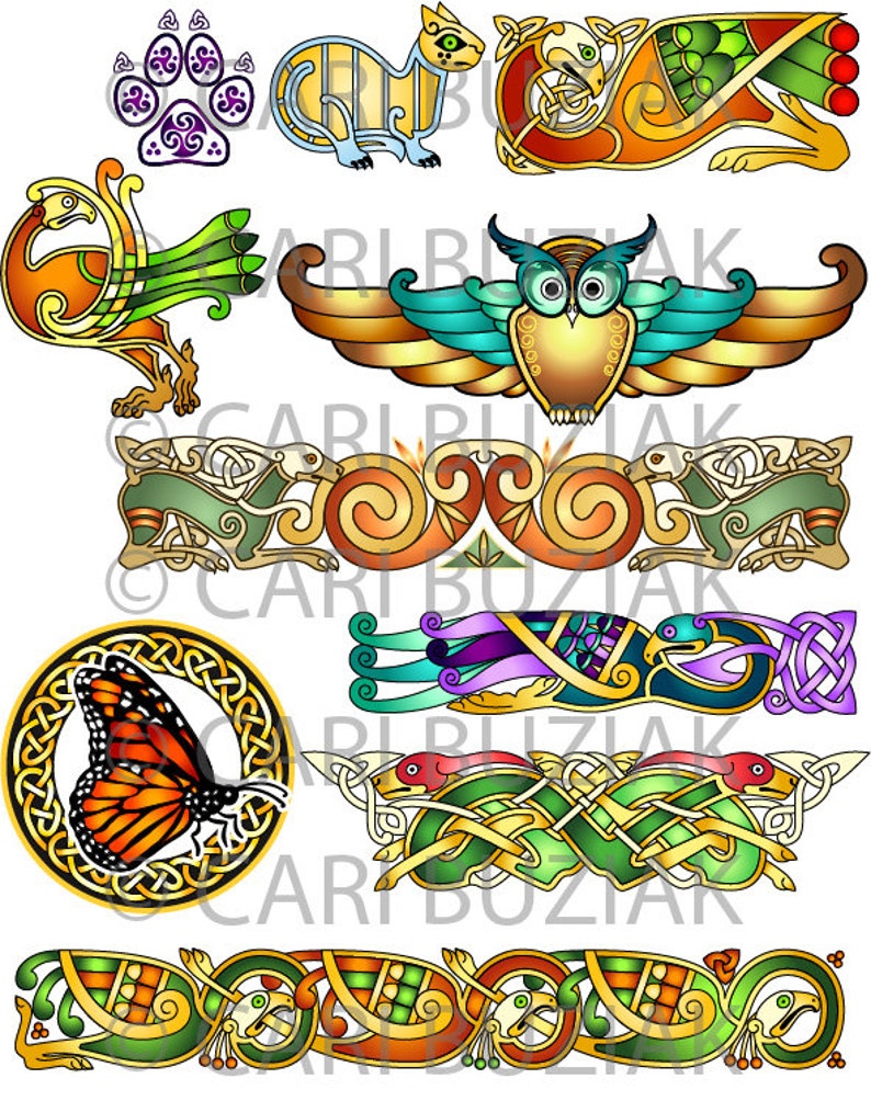 May include: A collection of colorful Celtic knotwork designs featuring animals, birds, and abstract patterns. The designs are intricate and detailed, with a variety of colors and textures. The designs are perfect for use in crafts, scrapbooking, or as inspiration for artwork.