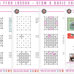 May include: A printable worksheet with step-by-step instructions on how to draw a basic Celtic knot. The worksheet includes a grid with dots to help guide the drawing process. The image also includes a link to a YouTube channel for more Celtic knot tutorials.