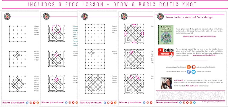 May include: A printable worksheet with step-by-step instructions on how to draw a basic Celtic knot. The worksheet includes a grid with dots to help guide the drawing process. The image also includes a link to a YouTube channel for more Celtic knot tutorials.