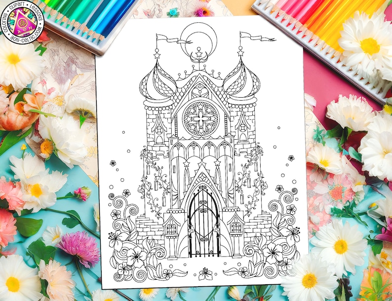 CELTIC Castle 'Celtic Fairy Castle', Fantasy Coloring Page image 1