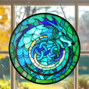 Celtic Stained Glass Suncatcher - Ouroboros, Gift for Her, Magical Christmas Decor, Home Decoration, Stained Glass Window, St Patrick’s Day