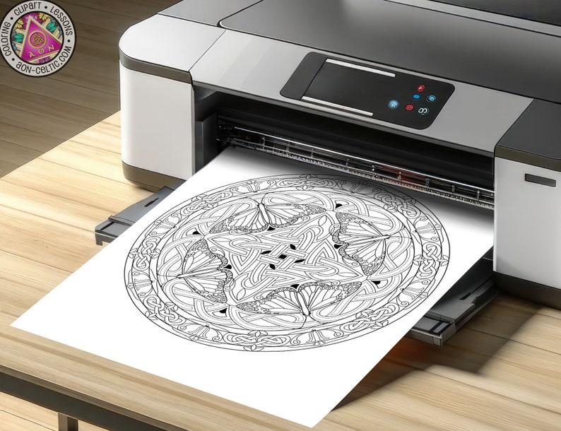 May include: A black and white intricate Celtic knot design with butterfly motifs is being printed on a white sheet of paper by a printer.