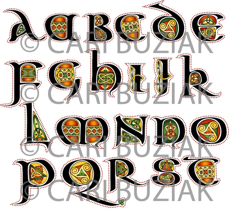 CELTIC Clipart ALPHABET Aon Decorated Letters Reds/Greens/Golds INVITATIONS Wedding Stationary Knot Irish Clip Art-Lettering image 2