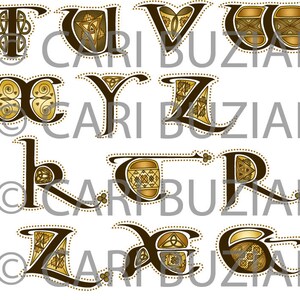 CELTIC Clipart ALPHABET Aon Decorated Letters Antique Colors INVITATIONS Wedding Stationary Knot Irish Clip Art Lettering image 3