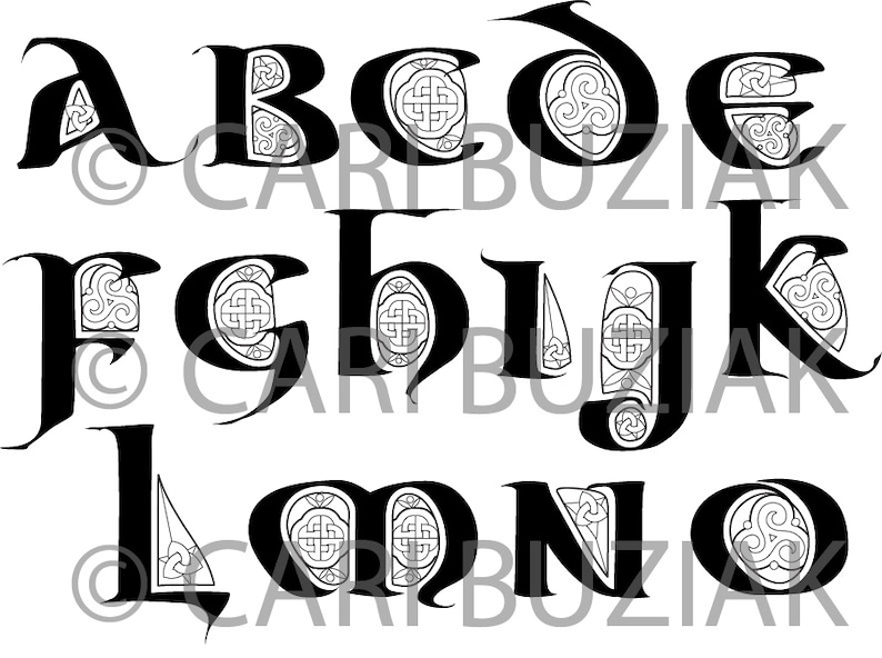 CELTIC Clipart ALPHABET Durrow Decorated Letters Black & White INVITATION Wedding Stationary Knot Irish Clip Art Lettering image 2