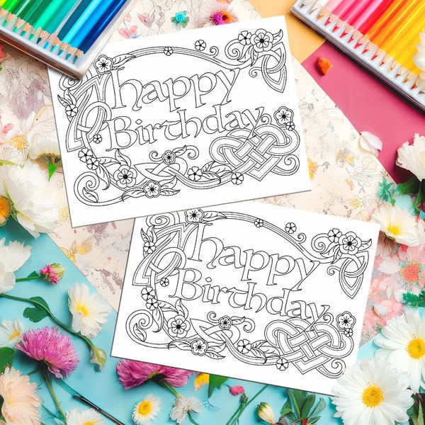 CELTIC Greeting CARD - Heart Flourish Happy Birthday Cards to Color | Irish - Cross - Spirals - Knots - Peacock - Download - Coloring