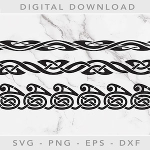 May include: Three black and white Celtic knot designs. The top design is a continuous line of knots. The middle design is a continuous line of knots. The bottom design is a repeating pattern of knots.