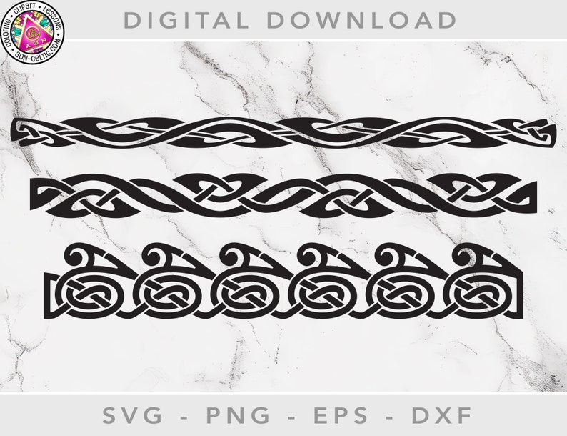 May include: Three black and white Celtic knot designs. The top design is a continuous line of knots. The middle design is a continuous line of knots. The bottom design is a repeating pattern of knots.