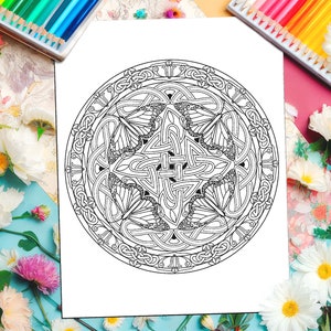 May include: A black and white printable coloring page featuring a detailed Celtic knot mandala design. The mandala is circular and has a intricate pattern of interwoven knots and swirls.