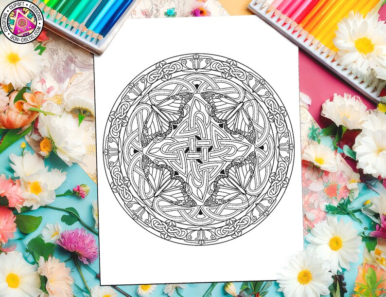 May include: A black and white printable coloring page featuring a detailed Celtic knot mandala design. The mandala is circular and has a intricate pattern of interwoven knots and swirls.