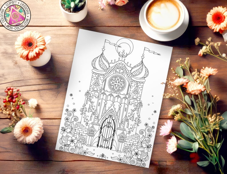 a coloring page with flowers and a cup of coffee