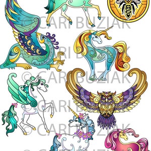 May include: A set of seven colorful illustrations featuring mythical creatures, including a unicorn, a phoenix, an owl, and a bee. The illustrations are done in a stained glass style with intricate details and vibrant colors.